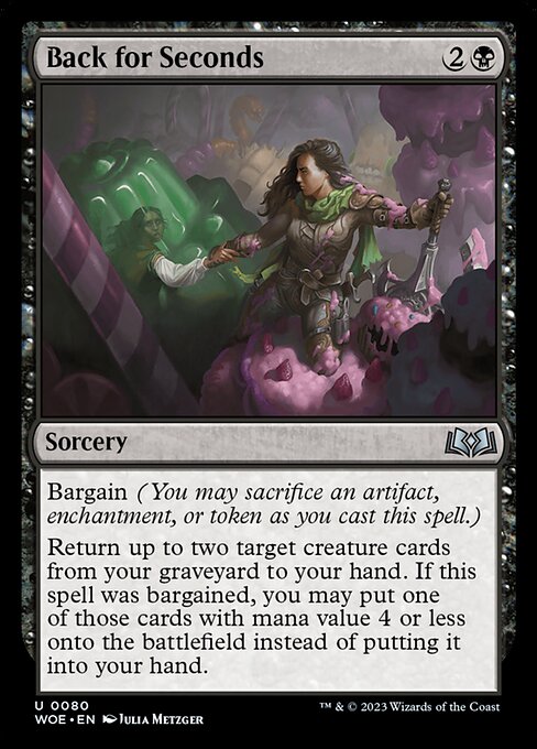 Bargain (You may sacrifice an artifact, enchantment, or token as you cast this spell.)
Return up to two target creature cards from your graveyard to your hand. If this spell was bargained, you may put one of those cards with mana value 4 or less onto the battlefield instead of putting it into your hand.