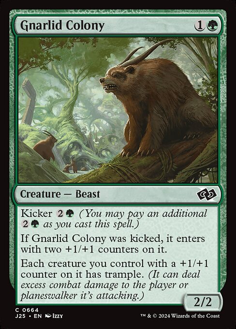 Kicker {2}{G} (You may pay an additional {2}{G} as you cast this spell.)
If this creature was kicked, it enters with two +1/+1 counters on it.
Each creature you control with a +1/+1 counter on it has trample. (It can deal excess combat damage to the player or planeswalker it's attacking.)