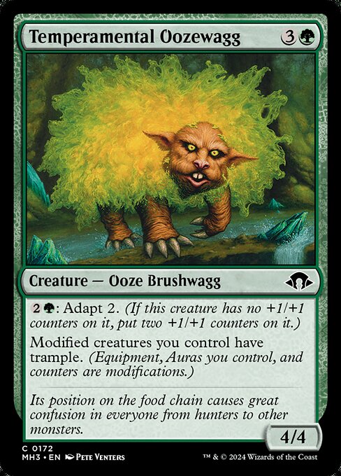 {2}{G}: Adapt 2. (If this creature has no +1/+1 counters on it, put two +1/+1 counters on it.)
Modified creatures you control have trample. (Equipment, Auras you control, and counters are modifications.)