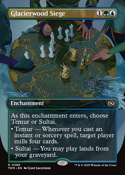 As this enchantment enters, choose Temur or Sultai.
• Temur — Whenever you cast an instant or sorcery spell, target player mills four cards.
• Sultai — You may play lands from your graveyard.