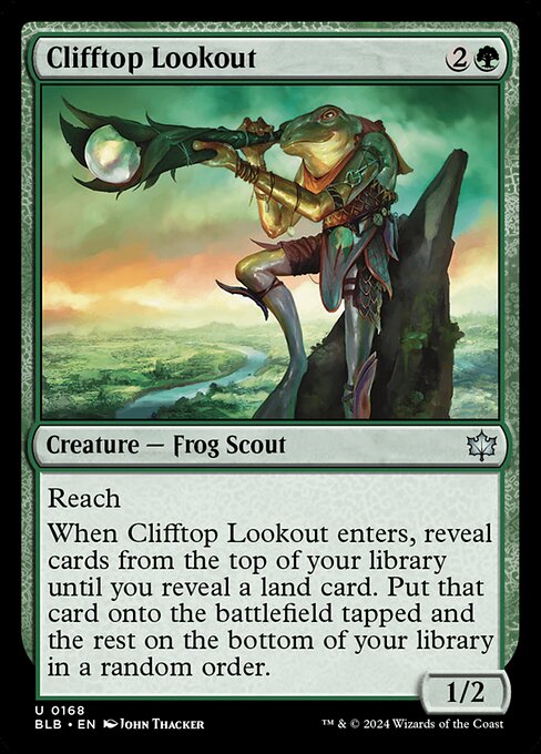 Reach
When Clifftop Lookout enters, reveal cards from the top of your library until you reveal a land card. Put that card onto the battlefield tapped and the rest on the bottom of your library in a random order.