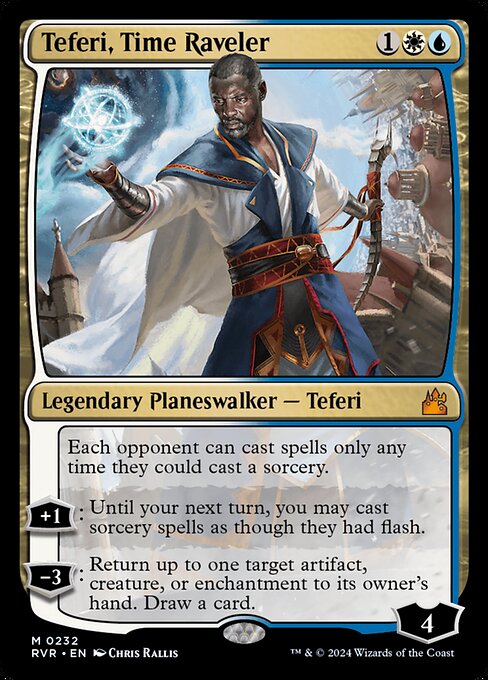 Each opponent can cast spells only any time they could cast a sorcery.
+1: Until your next turn, you may cast sorcery spells as though they had flash.
−3: Return up to one target artifact, creature, or enchantment to its owner's hand. Draw a card.