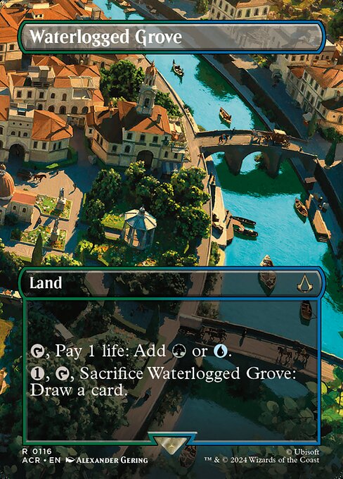 {T}, Pay 1 life: Add {G} or {U}.
{1}, {T}, Sacrifice Waterlogged Grove: Draw a card.
