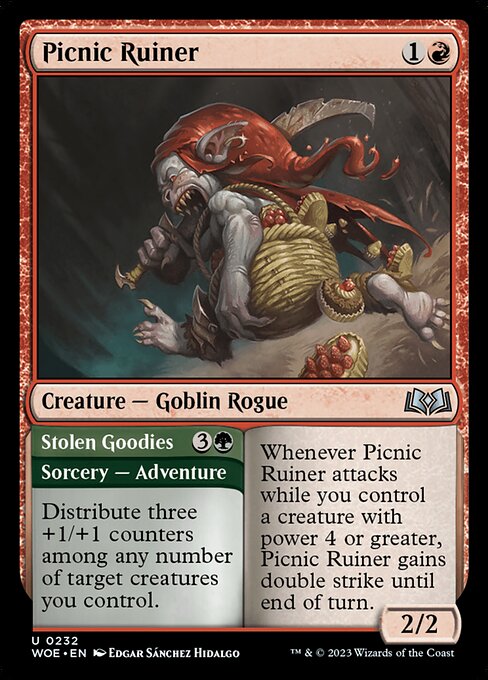 Whenever Picnic Ruiner attacks while you control a creature with power 4 or greater, Picnic Ruiner gains double strike until end of turn.   Distribute three +1/+1 counters among any number of target creatures you control.