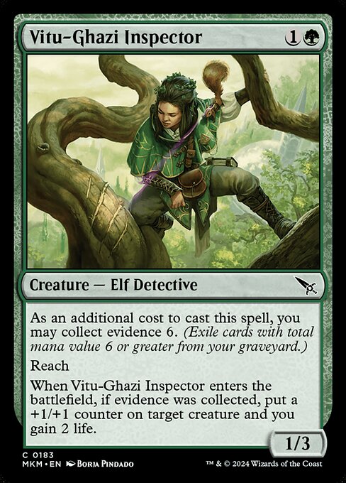 As an additional cost to cast this spell, you may collect evidence 6. (Exile cards with total mana value 6 or greater from your graveyard.)
Reach
When Vitu-Ghazi Inspector enters the battlefield, if evidence was collected, put a +1/+1 counter on target creature and you gain 2 life.