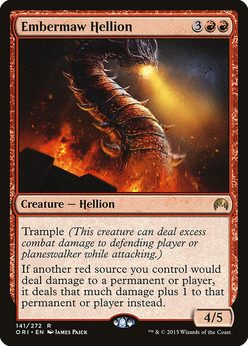 Trample (This creature can deal excess combat damage to the player or planeswalker it's attacking.)
If another red source you control would deal damage to a permanent or player, it deals that much damage plus 1 to that permanent or player instead.