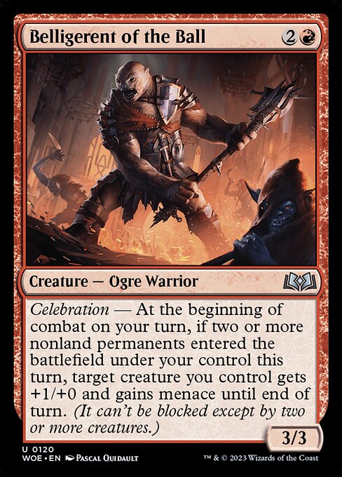 Celebration — At the beginning of combat on your turn, if two or more nonland permanents entered the battlefield under your control this turn, target creature you control gets +1/+0 and gains menace until end of turn. (It can't be blocked except by two or more creatures.)