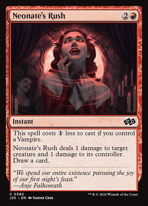 This spell costs {1} less to cast if you control a Vampire.
Neonate's Rush deals 1 damage to target creature and 1 damage to its controller. Draw a card.