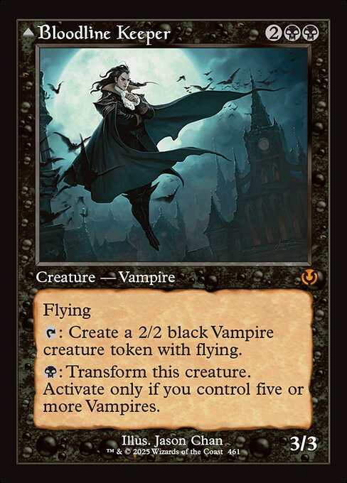 Flying
{T}: Create a 2/2 black Vampire creature token with flying.
{B}: Transform this creature. Activate only if you control five or more Vampires.   Flying
Other Vampire creatures you control get +2/+2.
{T}: Create a 2/2 black Vampire creature token with flying.