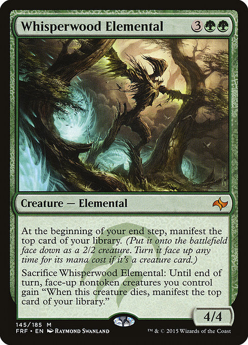 At the beginning of your end step, manifest the top card of your library. (Put it onto the battlefield face down as a 2/2 creature. Turn it face up any time for its mana cost if it's a creature card.)
Sacrifice Whisperwood Elemental: Until end of turn, face-up nontoken creatures you control gain "When this creature dies, manifest the top card of your library."