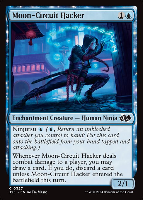 Ninjutsu {U} ({U}, Return an unblocked attacker you control to hand: Put this card onto the battlefield from your hand tapped and attacking.)
Whenever Moon-Circuit Hacker deals combat damage to a player, you may draw a card. If you do, discard a card unless Moon-Circuit Hacker entered this turn.