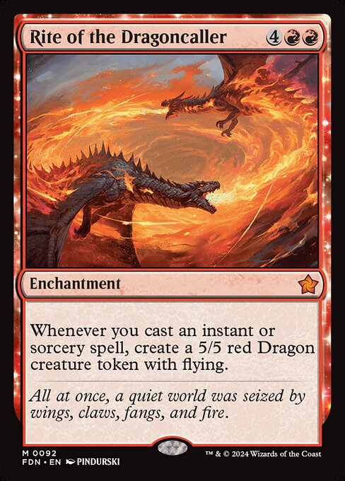 Whenever you cast an instant or sorcery spell, create a 5/5 red Dragon creature token with flying.