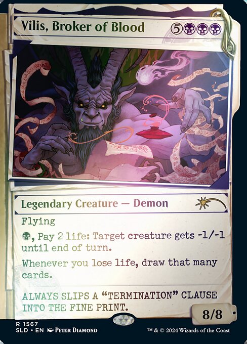 Flying
{B}, Pay 2 life: Target creature gets -1/-1 until end of turn.
Whenever you lose life, draw that many cards. (Damage causes loss of life.)