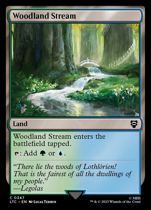 Woodland Stream enters the battlefield tapped.
{T}: Add {G} or {U}.