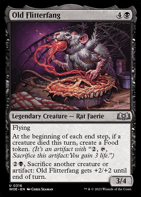 Flying
At the beginning of each end step, if a creature died this turn, create a Food token. (It's an artifact with "{2}, {T}, Sacrifice this artifact: You gain 3 life.")
{2}{B}, Sacrifice another creature or artifact: Old Flitterfang gets +2/+2 until end of turn.