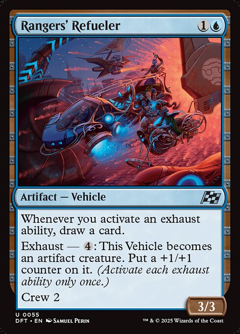 Whenever you activate an exhaust ability, draw a card.
Exhaust — {4}: This Vehicle becomes an artifact creature. Put a +1/+1 counter on it. (Activate each exhaust ability only once.)
Crew 2