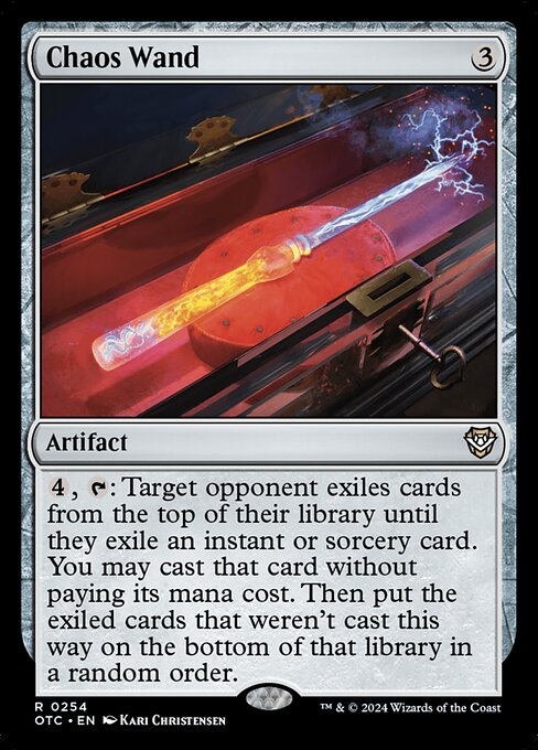 {4}, {T}: Target opponent exiles cards from the top of their library until they exile an instant or sorcery card. You may cast that card without paying its mana cost. Then put the exiled cards that weren't cast this way on the bottom of that library in a random order.