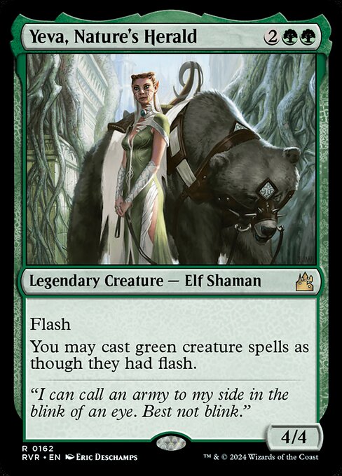 Flash (You may cast this spell any time you could cast an instant.)
You may cast green creature spells as though they had flash.