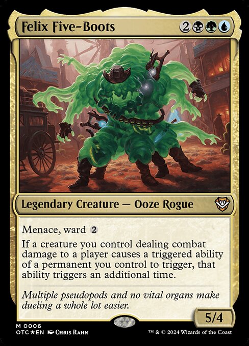 Menace, ward {2}
If a creature you control dealing combat damage to a player causes a triggered ability of a permanent you control to trigger, that ability triggers an additional time.