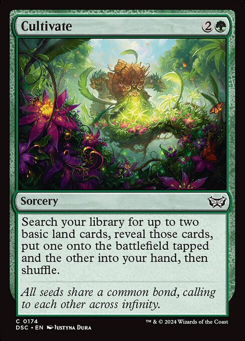 Search your library for up to two basic land cards, reveal those cards, put one onto the battlefield tapped and the other into your hand, then shuffle.