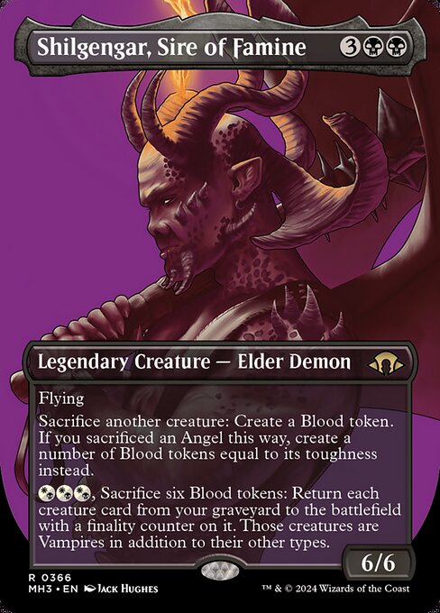 Flying
Sacrifice another creature: Create a Blood token. If you sacrificed an Angel this way, create a number of Blood tokens equal to its toughness instead.
{W/B}{W/B}{W/B}, Sacrifice six Blood tokens: Return each creature card from your graveyard to the battlefield with a finality counter on it. Those creatures are Vampires in addition to their other types.