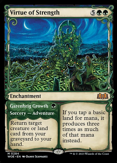 If you tap a basic land for mana, it produces three times as much of that mana instead.   Return target creature or land card from your graveyard to your hand. (Then exile this card. You may cast the enchantment later from exile.)