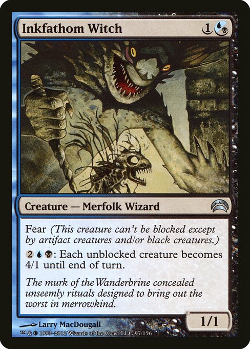 Fear (This creature can't be blocked except by artifact creatures and/or black creatures.)
{2}{U}{B}: Each unblocked creature has base power and toughness 4/1 until end of turn.