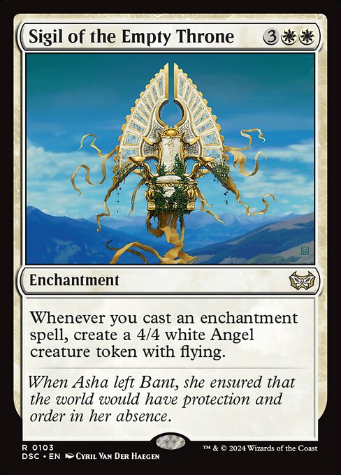 Whenever you cast an enchantment spell, create a 4/4 white Angel creature token with flying.