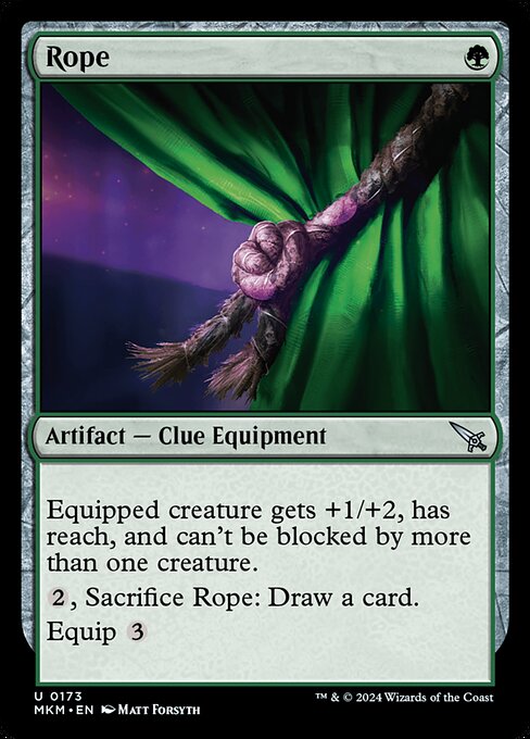 Equipped creature gets +1/+2, has reach, and can't be blocked by more than one creature.
{2}, Sacrifice Rope: Draw a card.
Equip {3}