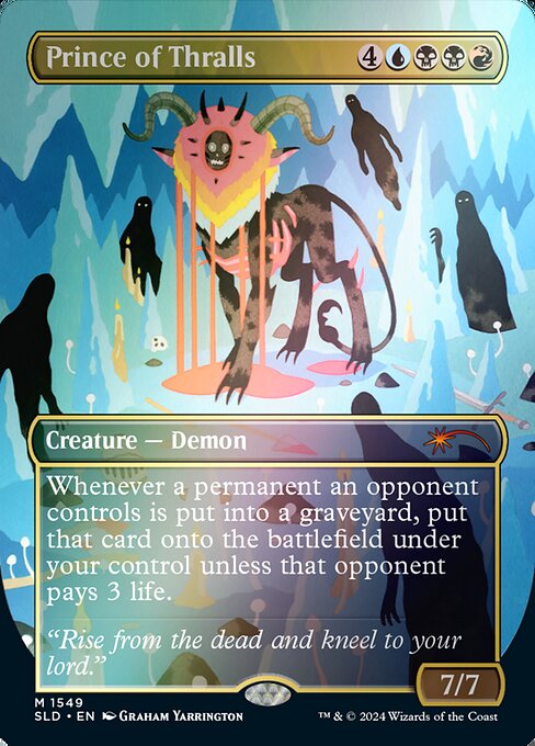 Whenever a permanent an opponent controls is put into a graveyard, put that card onto the battlefield under your control unless that opponent pays 3 life.