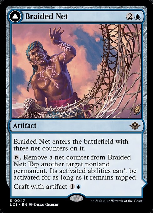 Braided Net enters the battlefield with three net counters on it.
{T}, Remove a net counter from Braided Net: Tap another target nonland permanent. Its activated abilities can't be activated for as long as it remains tapped.
Craft with artifact {1}{U}   {3}{U}, {T}: Draw a card for each artifact you control, then put Braided Quipu into its owner's library third from the top.