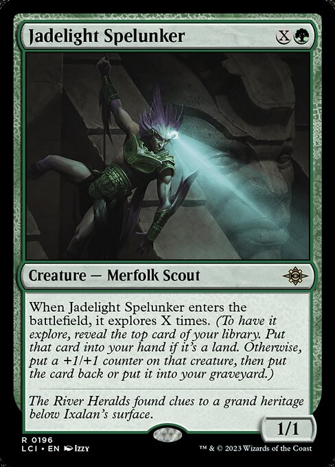 When Jadelight Spelunker enters the battlefield, it explores X times. (To have it explore, reveal the top card of your library. Put that card into your hand if it's a land. Otherwise, put a +1/+1 counter on that creature, then put the card back or put it into your graveyard.)