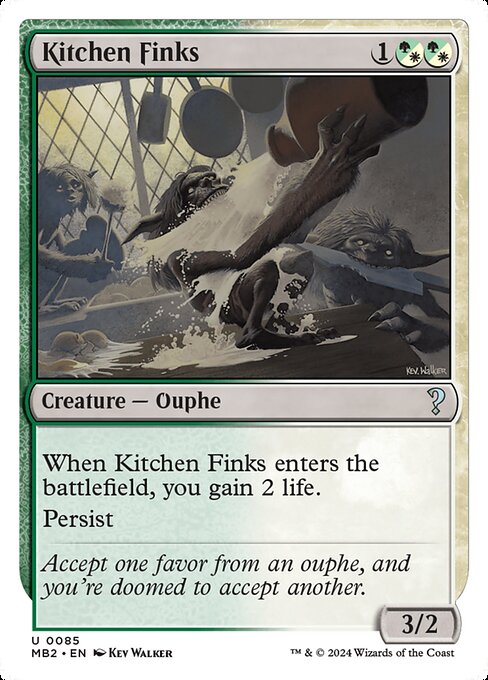 When Kitchen Finks enters, you gain 2 life.
Persist (When this creature dies, if it had no -1/-1 counters on it, return it to the battlefield under its owner's control with a -1/-1 counter on it.)