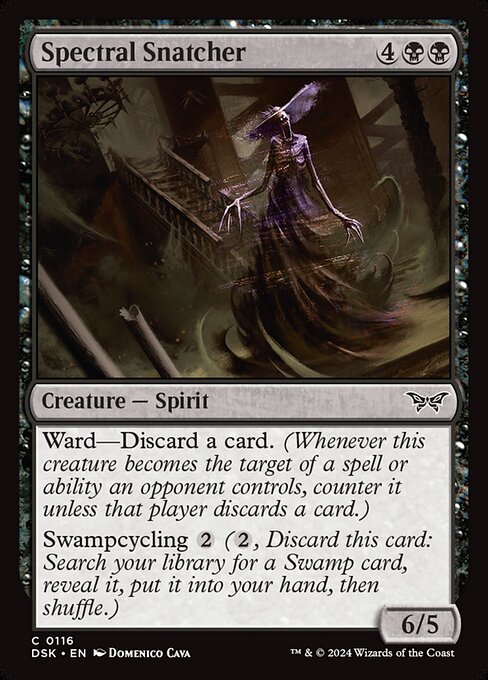 Ward—Discard a card. (Whenever this creature becomes the target of a spell or ability an opponent controls, counter it unless that player discards a card.)
Swampcycling {2} ({2}, Discard this card: Search your library for a Swamp card, reveal it, put it into your hand, then shuffle.)