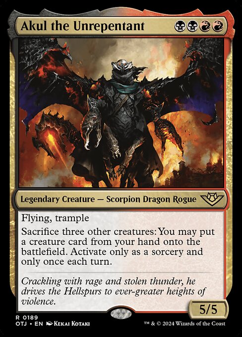 Flying, trample
Sacrifice three other creatures: You may put a creature card from your hand onto the battlefield. Activate only as a sorcery and only once each turn.