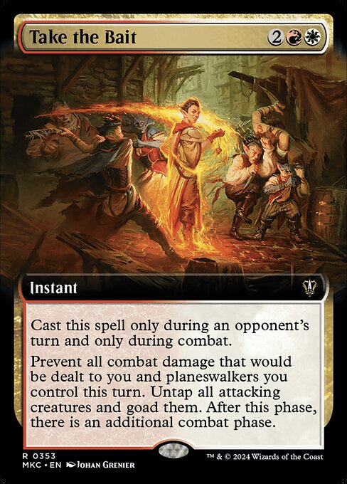 Cast this spell only during an opponent's turn and only during combat.
Prevent all combat damage that would be dealt to you and planeswalkers you control this turn. Untap all attacking creatures and goad them. After this phase, there is an additional combat phase.