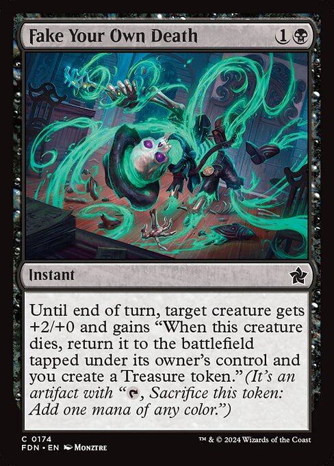 Until end of turn, target creature gets +2/+0 and gains "When this creature dies, return it to the battlefield tapped under its owner's control and you create a Treasure token." (It's an artifact with "{T}, Sacrifice this artifact: Add one mana of any color.")