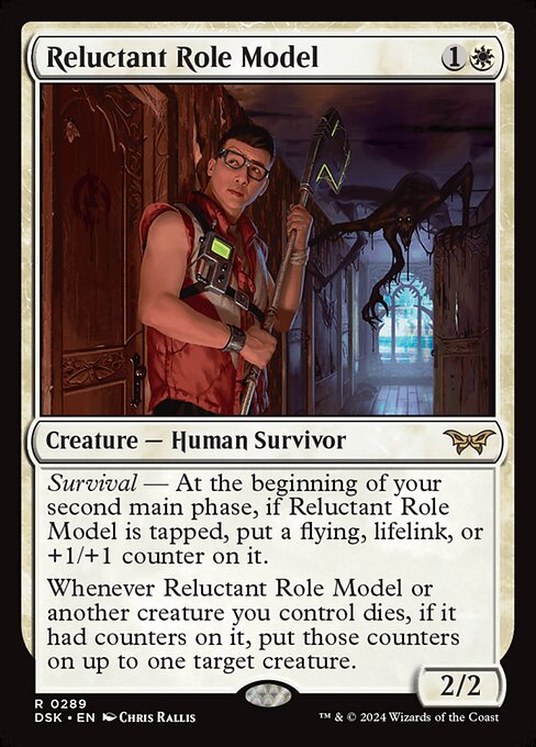 Survival — At the beginning of your second main phase, if Reluctant Role Model is tapped, put a flying, lifelink, or +1/+1 counter on it.
Whenever Reluctant Role Model or another creature you control dies, if it had counters on it, put those counters on up to one target creature.