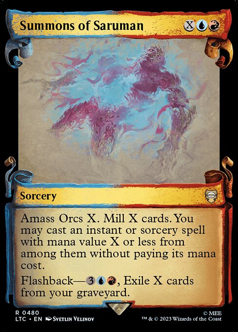 Amass Orcs X. Mill X cards. You may cast an instant or sorcery spell with mana value X or less from among them without paying its mana cost. (To amass Orcs X, put X +1/+1 counters on an Army you control. It's also an Orc. If you don't control an Army, create a 0/0 black Orc Army creature token first.)
Flashback—{3}{U}{R}, Exile X cards from your graveyard.