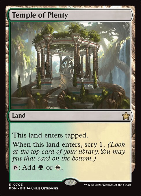 This land enters tapped.
When this land enters, scry 1. (Look at the top card of your library. You may put that card on the bottom.)
{T}: Add {G} or {W}.