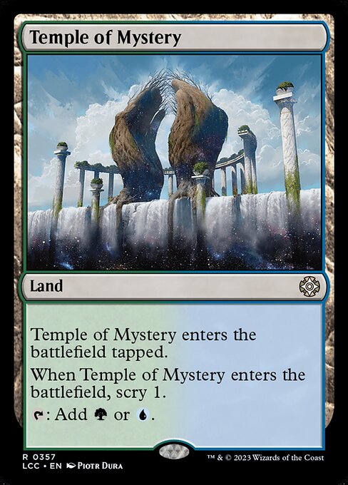 This land enters tapped.
When this land enters, scry 1. (Look at the top card of your library. You may put that card on the bottom.)
{T}: Add {G} or {U}.