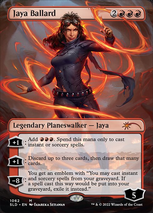 +1: Add {R}{R}{R}. Spend this mana only to cast instant or sorcery spells.
+1: Discard up to three cards, then draw that many cards.
−8: You get an emblem with "You may cast instant and sorcery spells from your graveyard. If a spell cast this way would be put into your graveyard, exile it instead."