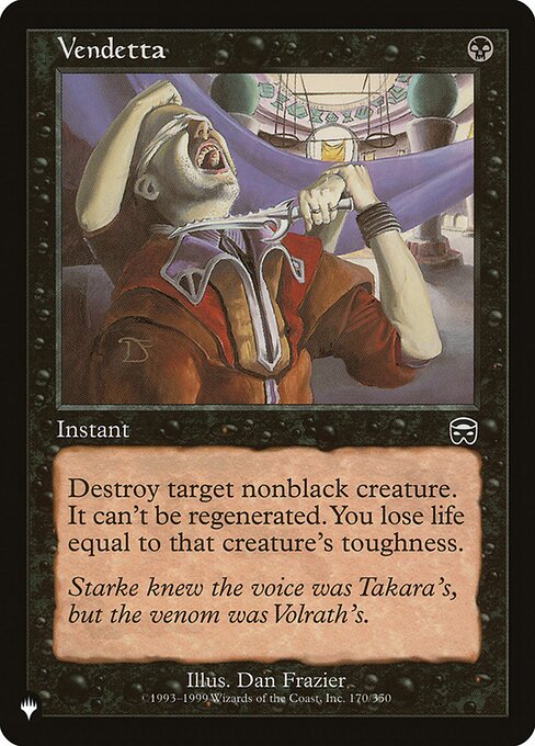 Destroy target nonblack creature. It can't be regenerated. You lose life equal to that creature's toughness.
