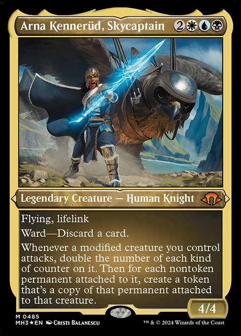 Flying, lifelink
Ward—Discard a card.
Whenever a modified creature you control attacks, double the number of each kind of counter on it. Then for each nontoken permanent attached to it, create a token that's a copy of that permanent attached to that creature.