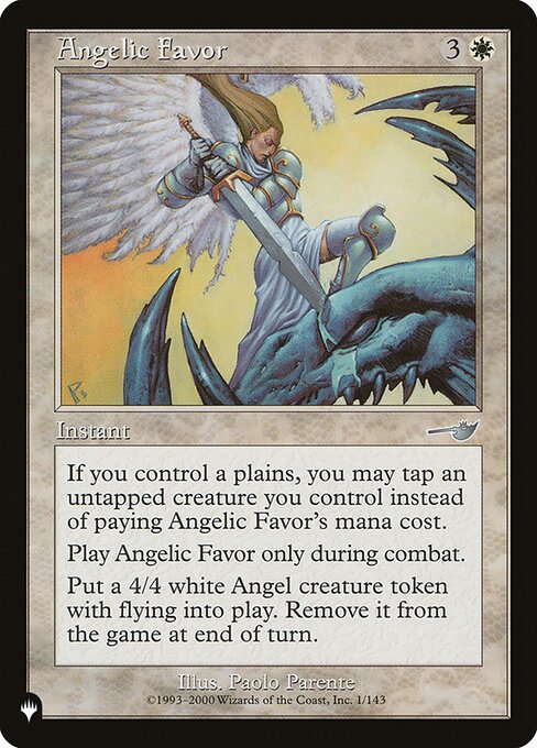 If you control a Plains, you may tap an untapped creature you control rather than pay this spell's mana cost.
Cast this spell only during combat.
Create a 4/4 white Angel creature token with flying. Exile it at the beginning of the next end step.