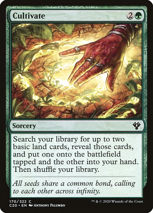 Search your library for up to two basic land cards, reveal those cards, put one onto the battlefield tapped and the other into your hand, then shuffle.