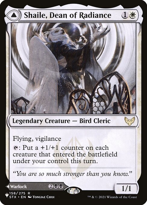 Flying, vigilance
{T}: Put a +1/+1 counter on each creature that entered the battlefield under your control this turn.   {T}: Put a +1/+1 counter on another target creature, then Embrose, Dean of Shadow deals 2 damage to that creature.
Whenever a creature you control with a +1/+1 counter on it dies, draw a card.