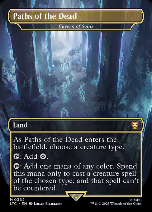 As Cavern of Souls enters the battlefield, choose a creature type.
{T}: Add {C}.
{T}: Add one mana of any color. Spend this mana only to cast a creature spell of the chosen type, and that spell can't be countered.