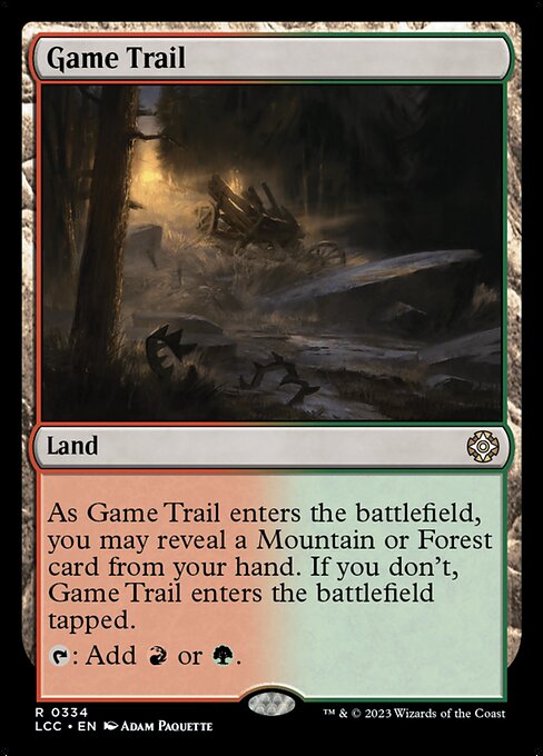 As this land enters, you may reveal a Mountain or Forest card from your hand. If you don't, this land enters tapped.
{T}: Add {R} or {G}.