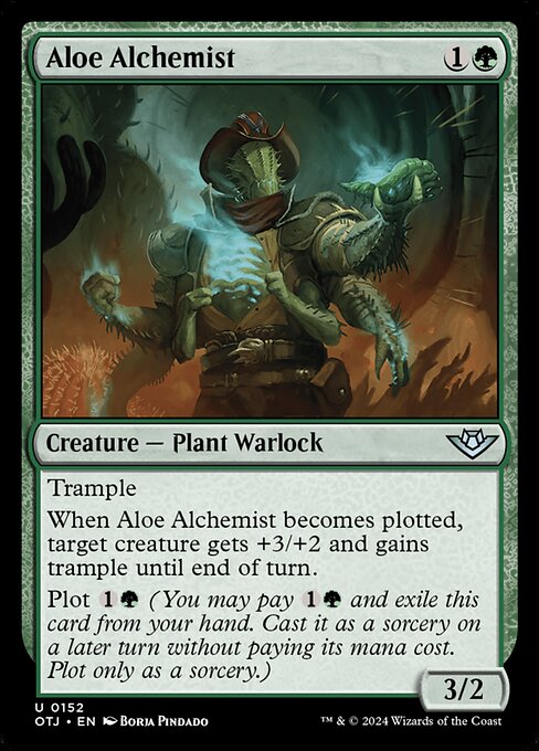 Trample
When Aloe Alchemist becomes plotted, target creature gets +3/+2 and gains trample until end of turn.
Plot {1}{G} (You may pay {1}{G} and exile this card from your hand. Cast it as a sorcery on a later turn without paying its mana cost. Plot only as a sorcery.)